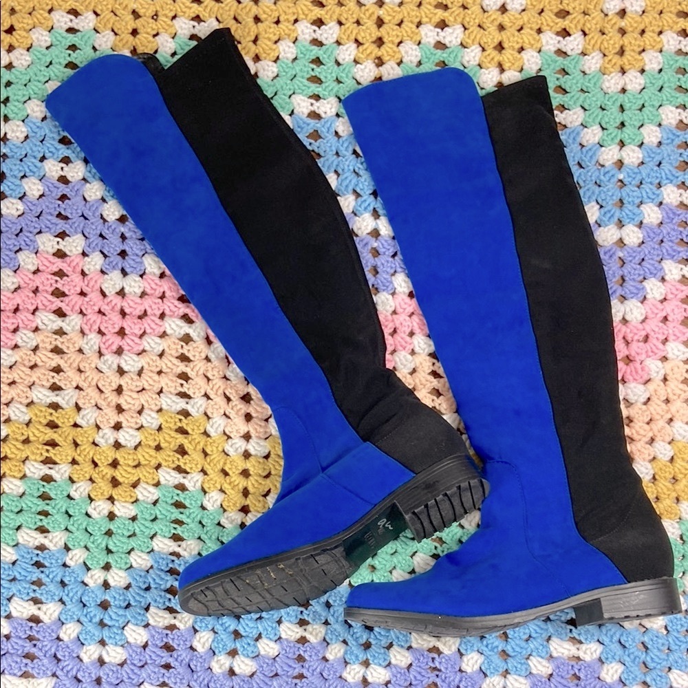 Unisa Blue Black Over the Knee Tall Boots Flat Faux Suede Ungillean OTK 9.5